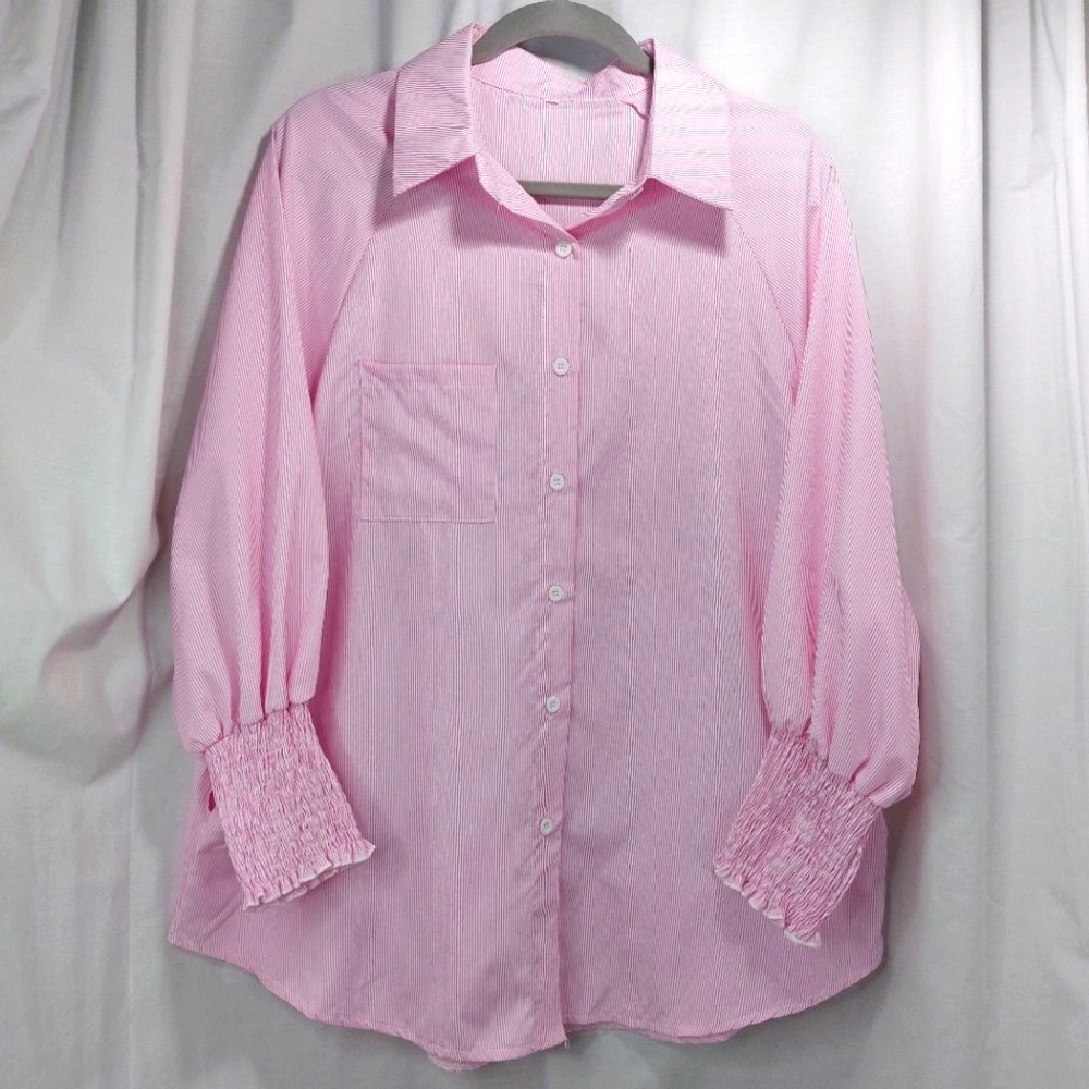 TEMU PLUS Micro Stripe Long Sleeve Top Pink White‎ Wms 3XL (Fits 2XL) Smock Cuff